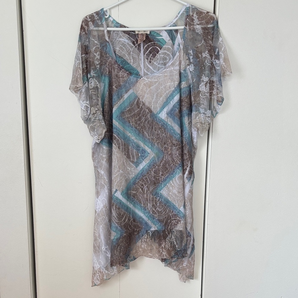 Brittany Black 3XL Sheer Top with Blue and Brown Pattern